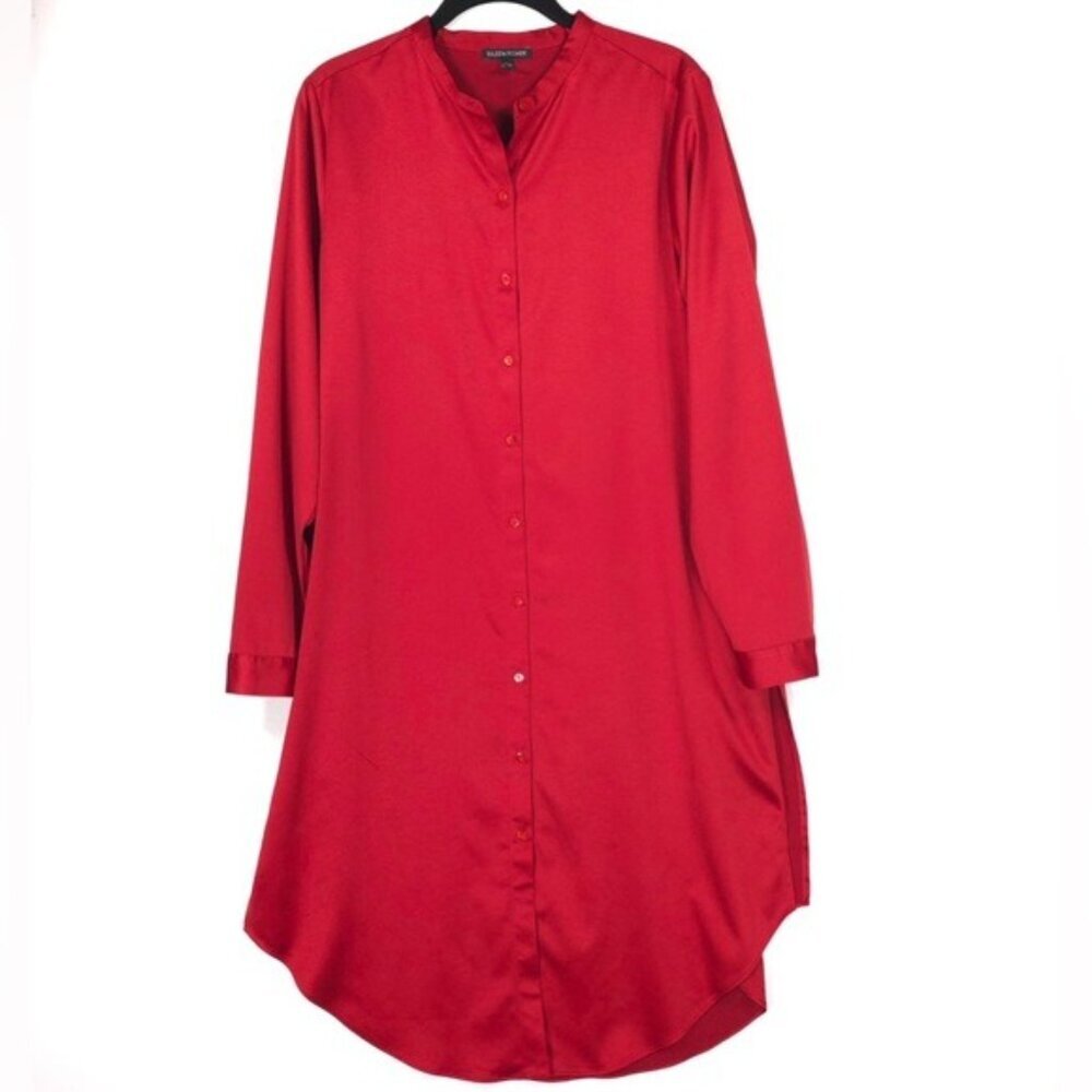 EILEEN FISHER Mandarin Collar Shirt S/P Serrano Red Satin Button Tunic R19GVM